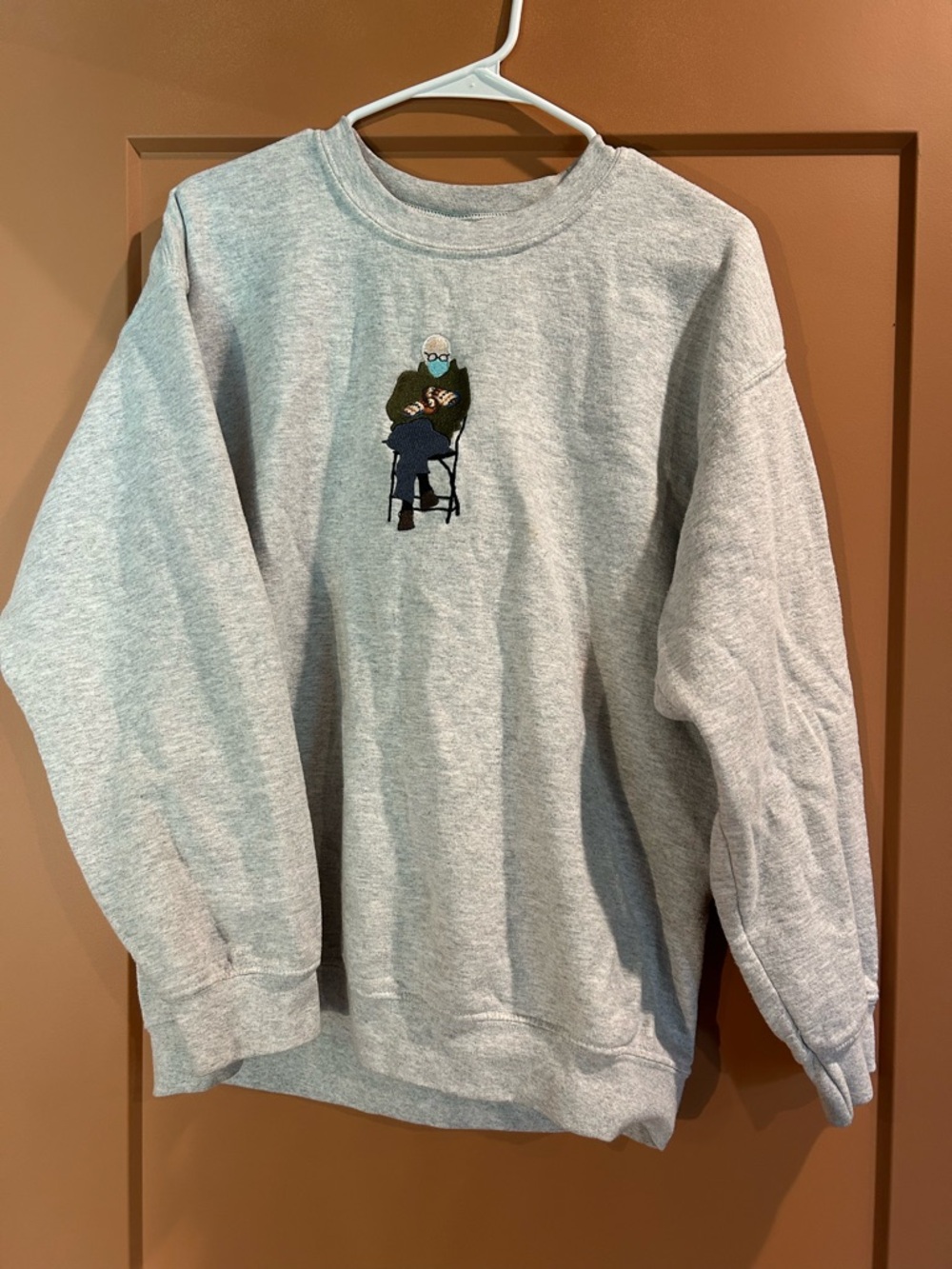 Men's Heather Gray Crewneck Sweatshirt with Embroidered Bernie Sanders meme